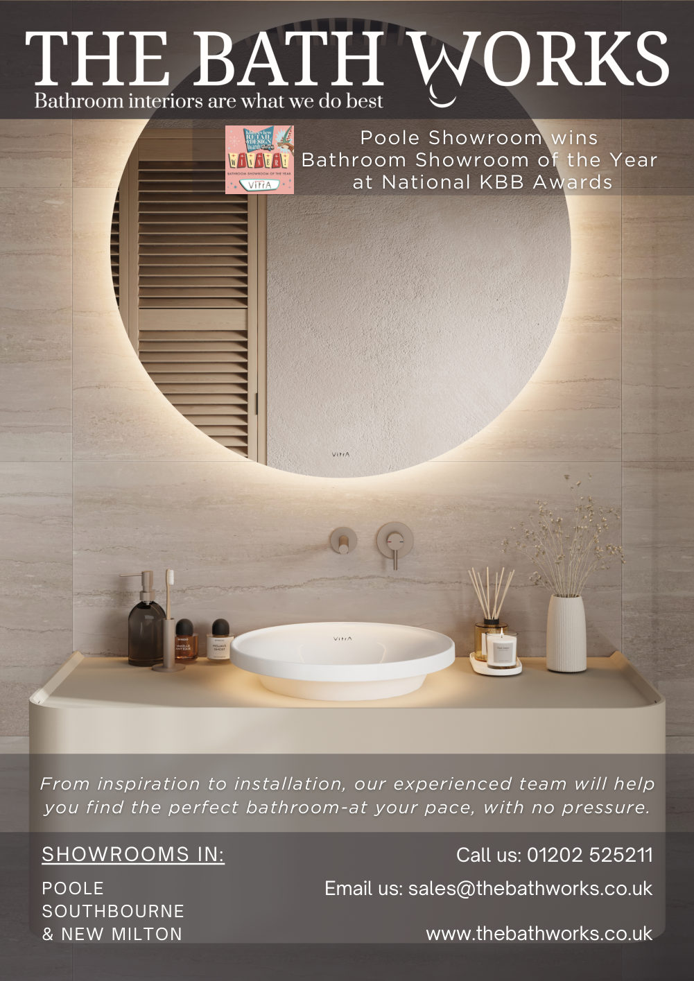 Full-page advert: a backlit round mirror over a countertop basin on a curved stone vanity, headed Poole Showroom wins Bathroom Showroom of the Year at National KBB Awards.
