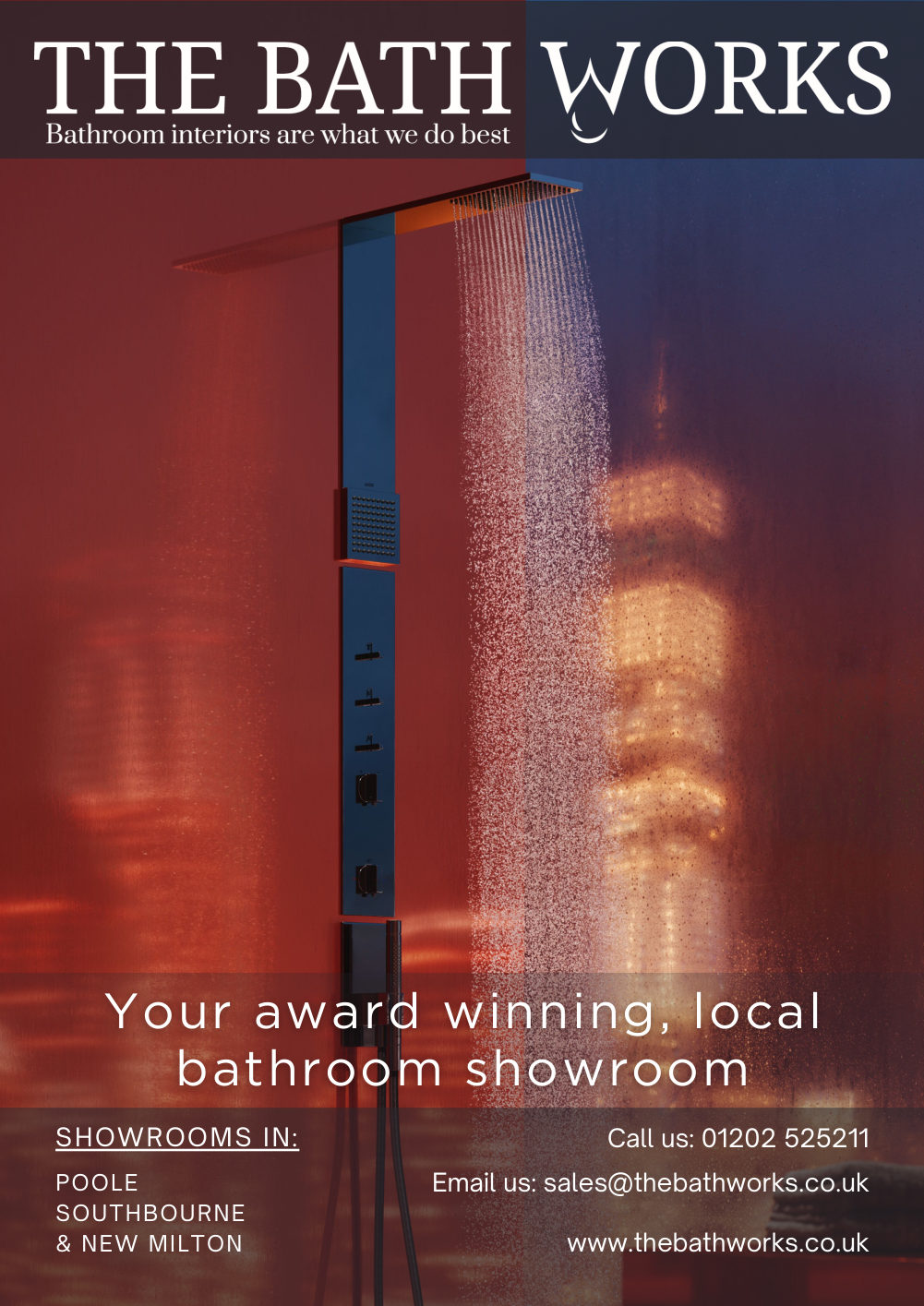 Full-page advert: a black shower column with water falling against a red-lit glass wall and city lights behind, headed Your award winning, local bathroom showroom.
