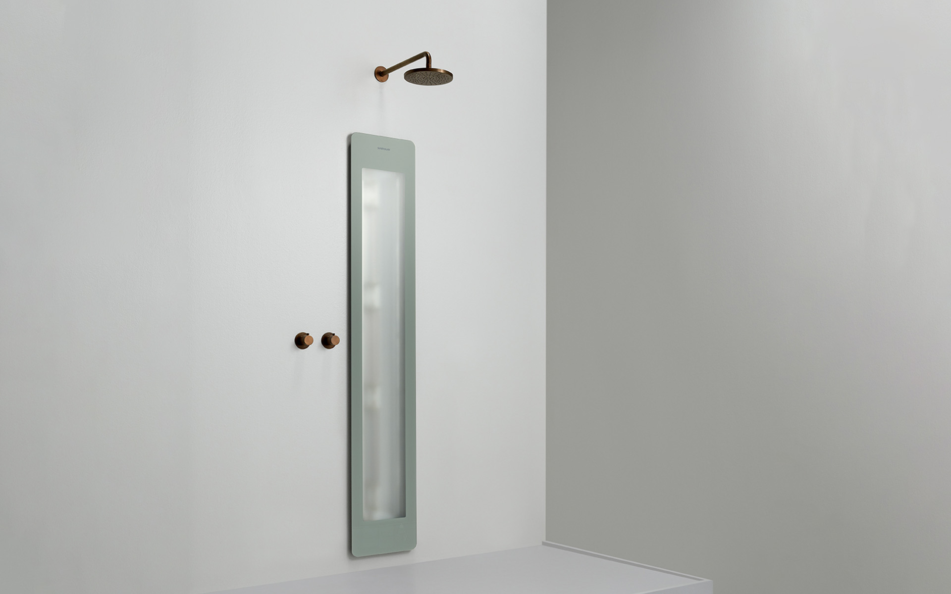 The Sunshower PLUS unit photographed against white, the front face showing the recessed UV and infrared lamps.