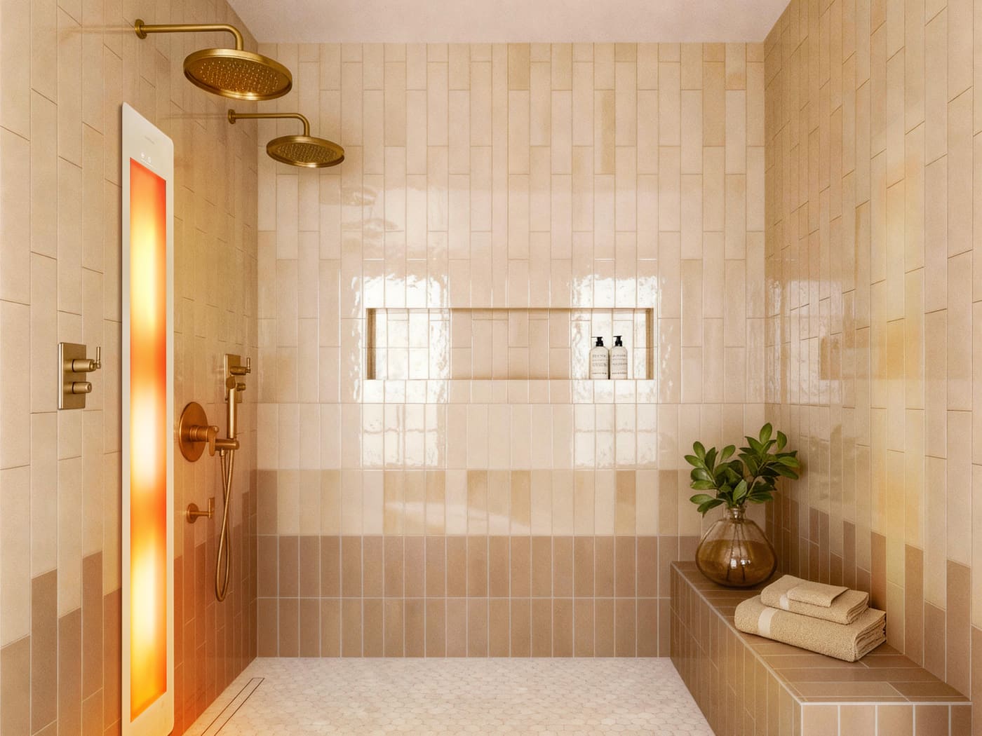 A walk-in shower lined in cream and peach gloss tiles with two brass rain heads on one wall, a Sunshower panel glowing orange at the left, a recessed shelf holding two bottles and a tiled bench with folded towels and a leafy plant